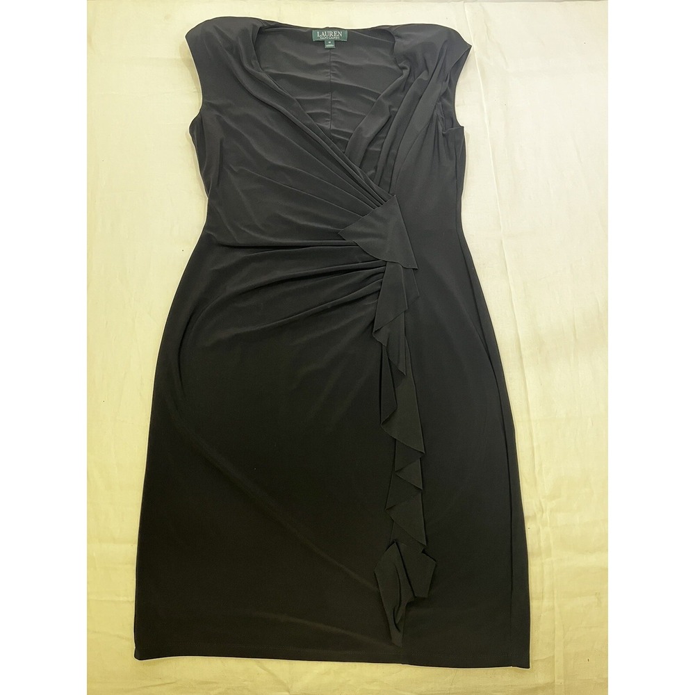 Vintage Lauren Ralph Lauren Black Sheath Dress Ruffle V-Neck Sleeveless 12
